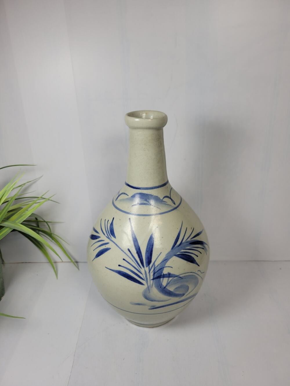 Vintage Japanese Sake Tokkuri, Pottery Bottle Gray Blue Bamboo Saki